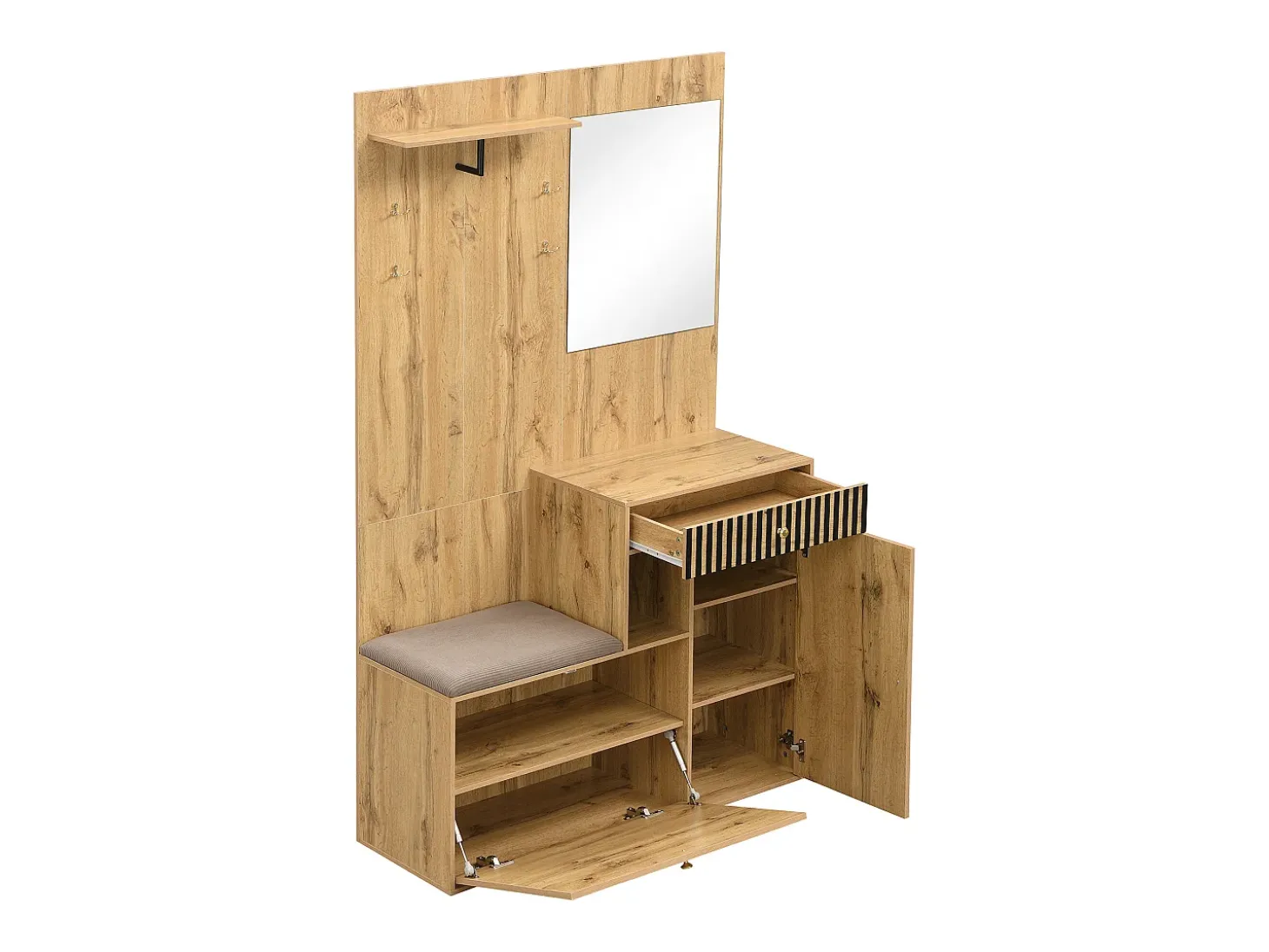 Perchero de madera con espejo - Armario 1 cajón y 2 puertas - con cojines y ganchos