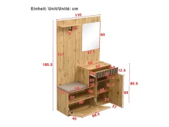 Perchero de madera con espejo - Armario 1 cajón y 2 puertas - con cojines y ganchos