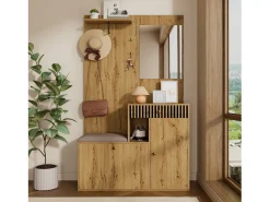 Perchero de madera con espejo - Armario 1 cajón y 2 puertas - con cojines y ganchos