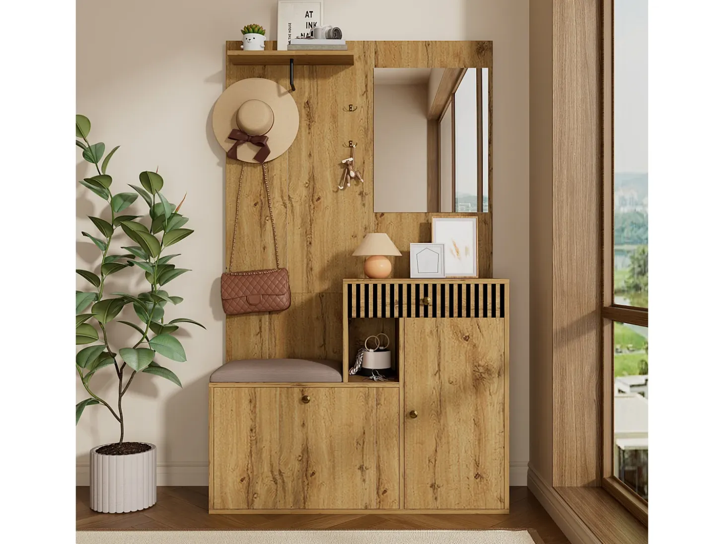 Perchero de madera con espejo - Armario 1 cajón y 2 puertas - con cojines y ganchos