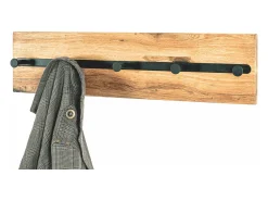 Perchero de pared de diseño industrial de roble y metal negro con 5 ganchos Lorna