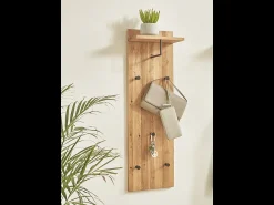 Perchero de pared de diseño industrial en roble y metal negro con 5 ganchos y estante Lorna