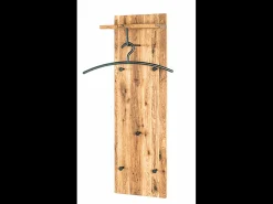 Perchero de pared de diseño industrial en roble y metal negro con 5 ganchos y estante Lorna