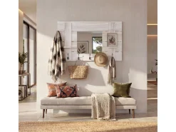 Perchero de pared MCW-C89 con espejo, Perchero de pared MCW-C89 con espejo, panel para percheros, estilo vintage desgastado, 5 ganchos, 90 x 60 cm, marrón natural