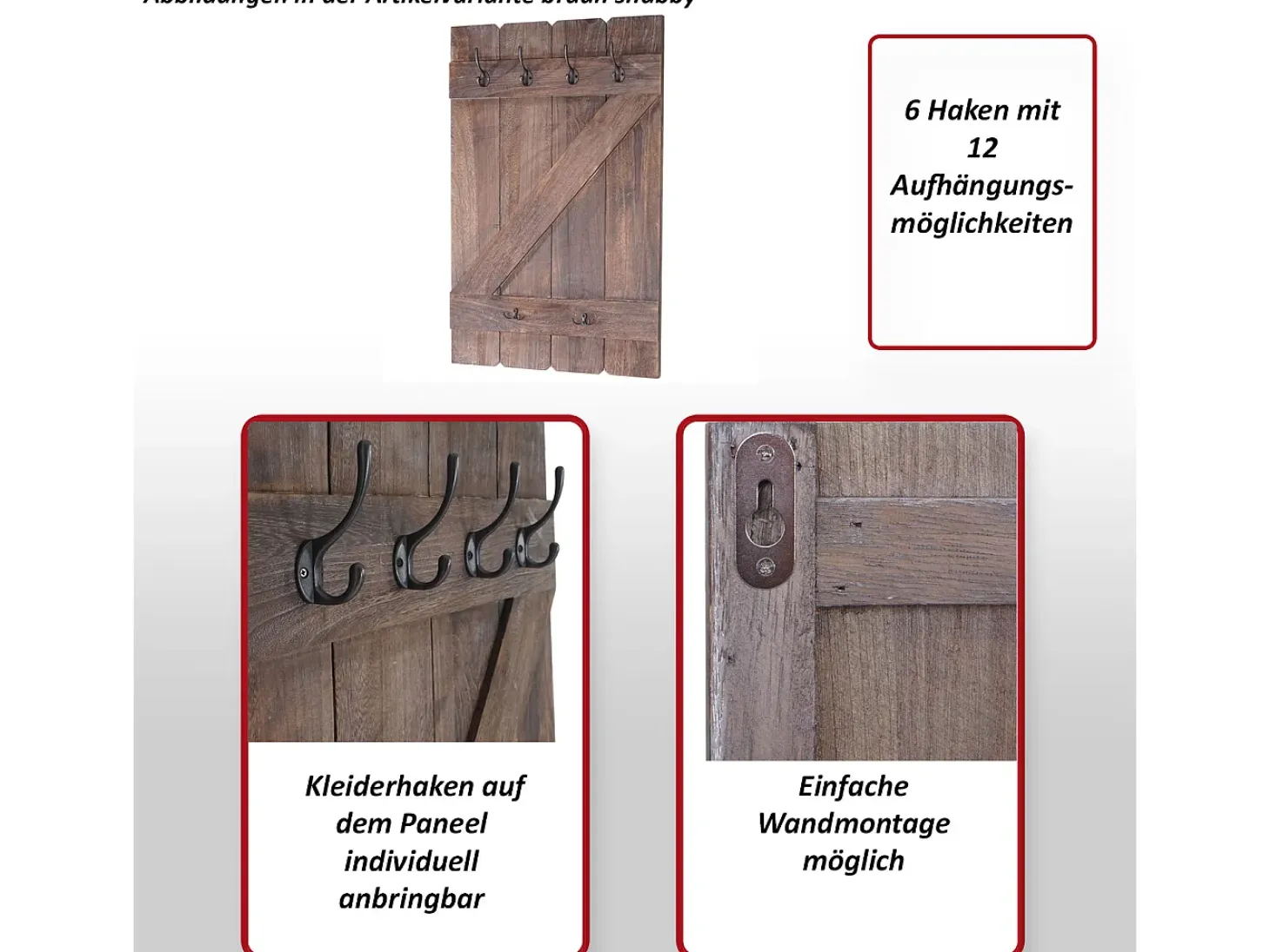 Perchero de pared MCW-D13, gris oscuro shabby