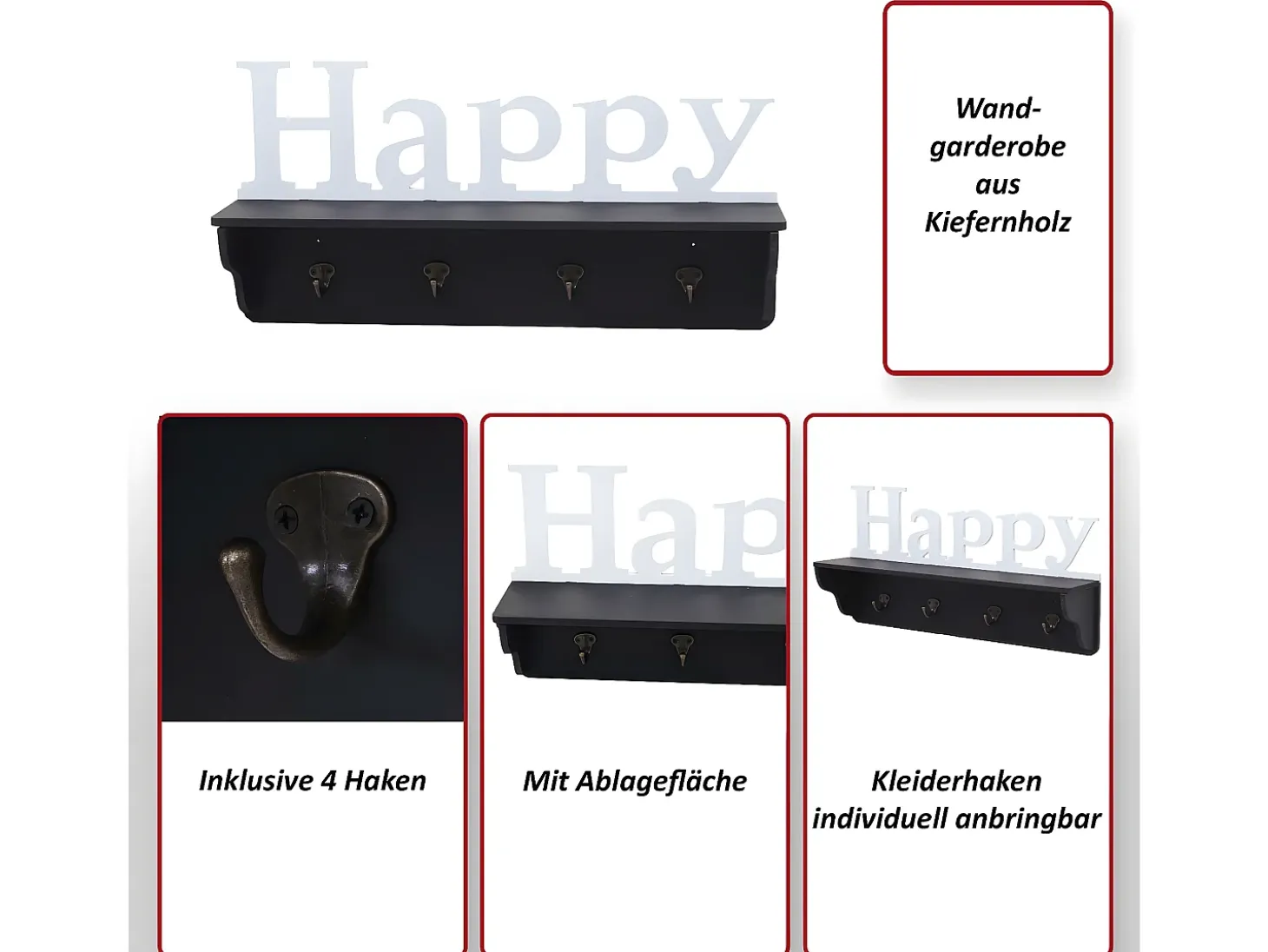 Perchero de pared MCW-D41 Happy 4 ganchos, blanco