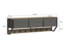 Perchero de Pared para Pasillo, Guardarropa, Estante de Pared con 3 Cestas y 7 Ganchos Dobles Estilo iIndustrial 100 x 20 x 30 cm FHK26-N SoBuy ES