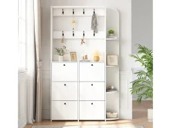 Perchero de pasillo 3 en 1 - 120 x 24 x 200 cm - con 8 ganchos + 6 zapateros - aglomerado - blanco