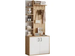 Perchero de pasillo con almacenaje y estantes integrados, madera natural y blanco (75x33x180cm)