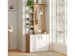 Perchero de pasillo con almacenaje y estantes integrados, madera natural y blanco (75x33x180cm)