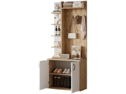 Perchero de pasillo con almacenaje y estantes integrados, madera natural y blanco (75x33x180cm)