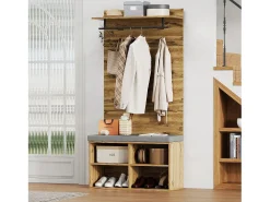 Perchero de pasillo con banco para zapatos y barra para ropa, estantes ajustables - Natural