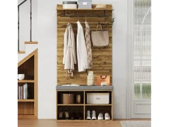 Perchero de pasillo con banco para zapatos y barra para ropa, estantes ajustables - Natural