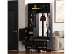 Perchero de pasillo con banco tapizado, 4 ganchos, 2 cajones - negro - 100x35x180 cm