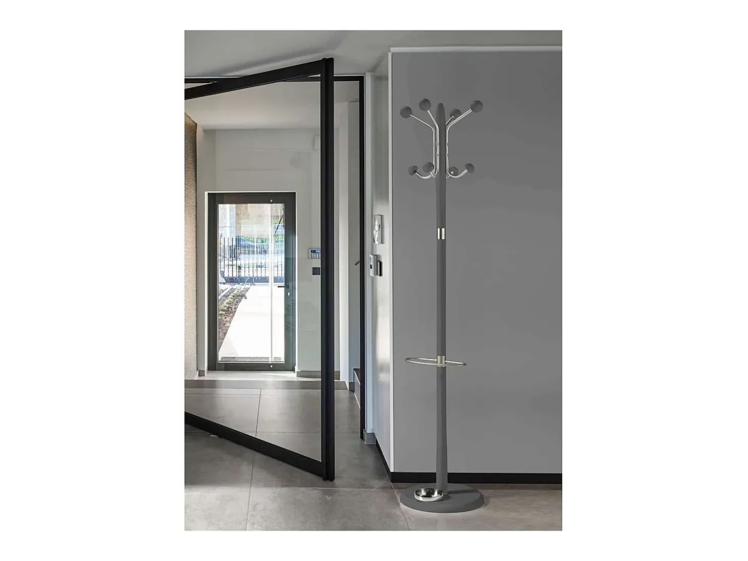 Perchero mod. 421 con paragüero herrajes en cromo satinado lacado gris, 180 cm(alto)37 cm