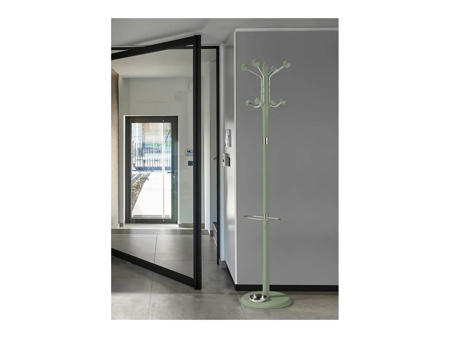 Perchero mod. 421 con paragüero herrajes en cromo satinado lacado verde, 180 cm(alto)37 c