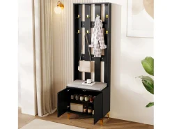 Perchero negro con banco para zapatos - Puertas onduladas, ganchos dorados y estantes ajustables - Muebles modernos para recibidor