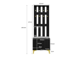 Perchero negro con banco para zapatos - Puertas onduladas, ganchos dorados y estantes ajustables - Muebles modernos para recibidor