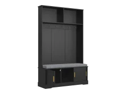 Perchero negro con banco zapatero, 6 ganchos y espacio de almacenamiento - Mueble de entrada compacto