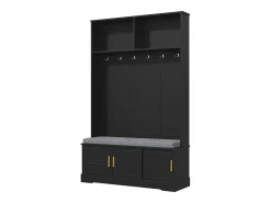 Perchero negro con banco zapatero, 6 ganchos y espacio de almacenamiento - Mueble de entrada compacto
