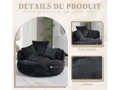 Puf Sillón Alto Negro - Modelo Grande - Incluye 3 Cojines - Ultra Suave y Multiusos - para Adultos y Niños
