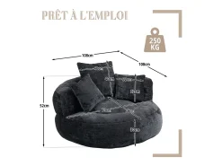 Puf Sillón Alto Negro - Modelo Grande - Incluye 3 Cojines - Ultra Suave y Multiusos - para Adultos y Niños