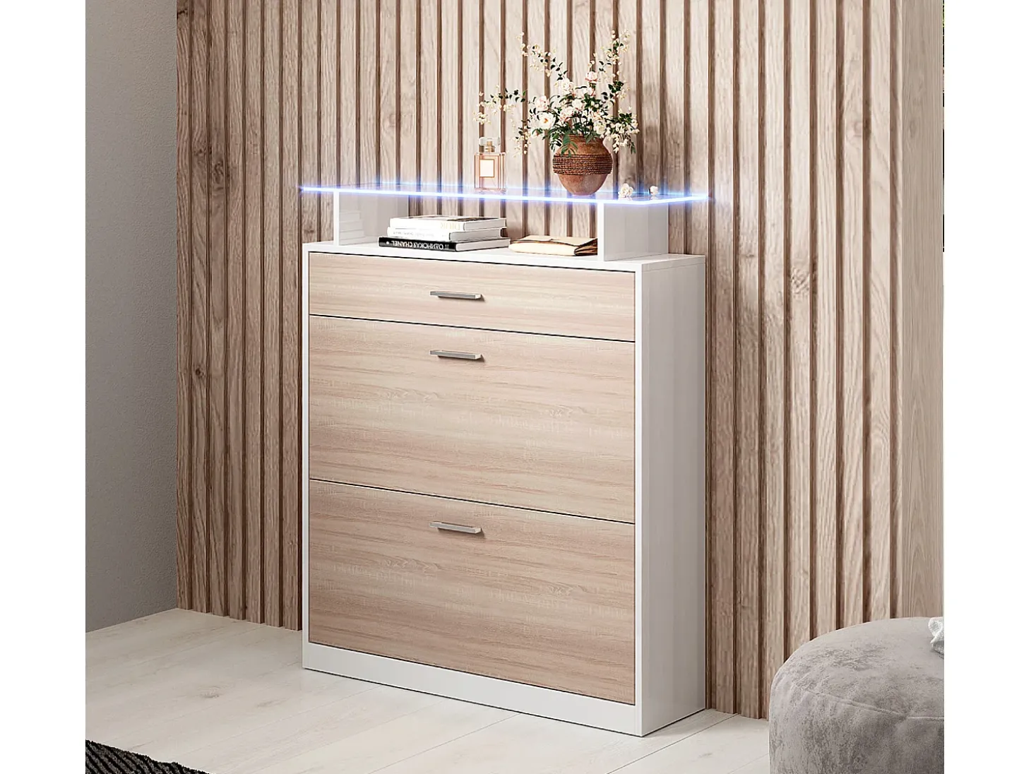 Recibidor zapatero para Entrada Pasillo en Blanco y Sonoma con LED 89x24x105cm Paola