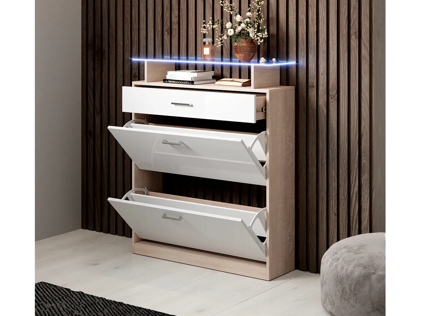 Recibidor zapatero para Entrada Pasillo en Blanco y Sonoma con LED 89x24x105cm Paola