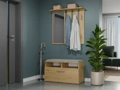 RIVI - Mueble zapatero con asiento y almacenaje - Puerta basculante - Dimensiones: 46x85x35 - 6 estantes - Artesanal