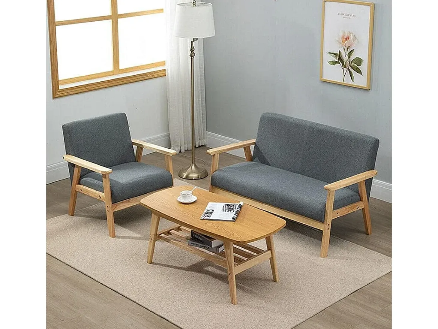 Sala de estar moderna de 2 a 2 -Seuter, en tela de lino, marco de madera, gris, 107x60x76cm