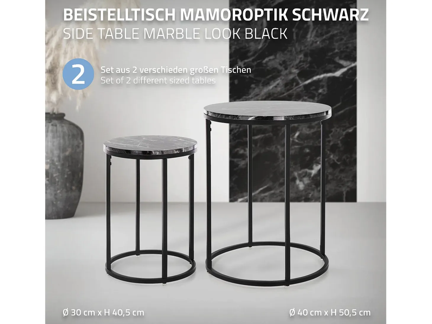 Set 2 mesas auxiliares de centro diseño mármol Estructura de metal Ø30 / Ø40 cm