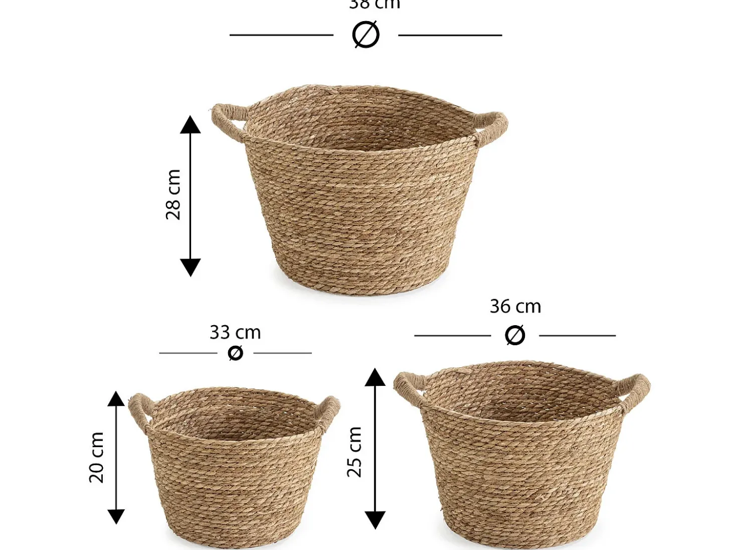 Set de 3 cestas Icia de fibra natural con asas