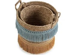 Set de 2 cestas Indie de fibra natural con asas, azul/naranja