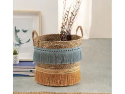 Set de 2 cestas Indie de fibra natural con asas, azul/naranja