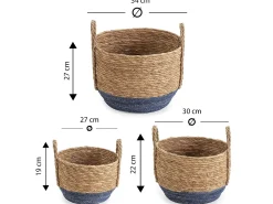 Set de 3 cestas Iria de fibra natural con asas, azul/natural