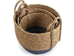 Set de 3 cestas Iria de fibra natural con asas, azul/natural