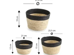 Set de 3 cestas Nati de fibra natural y papel, negro/beige