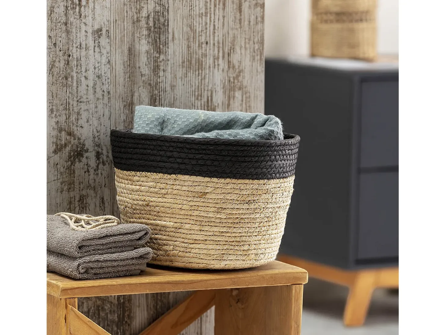 Set de 3 cestas Nati de fibra natural y papel, negro/beige