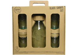 Set de 5 Jarras de agua con tapa de corcho y 4 vasos de vidrio reciclado transparente