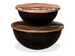 Set de 2 mesas de centro madera reciclada negra forma de bol