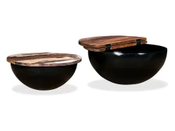 Set de 2 mesas de centro madera reciclada negra forma de bol