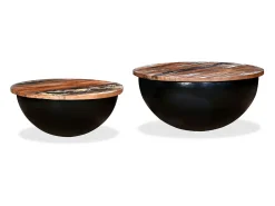 Set de 2 mesas de centro madera reciclada negra forma de bol