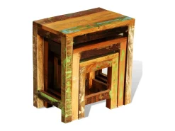 Set de 3 mesitas apilables vintage de madera maciza reciclada