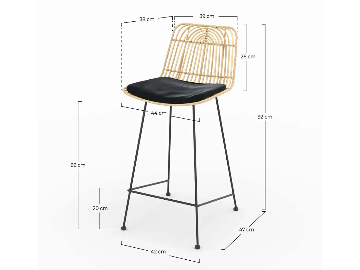 Set de 2 sillas para isla central en ratán y metal negro 66 cm - Goa