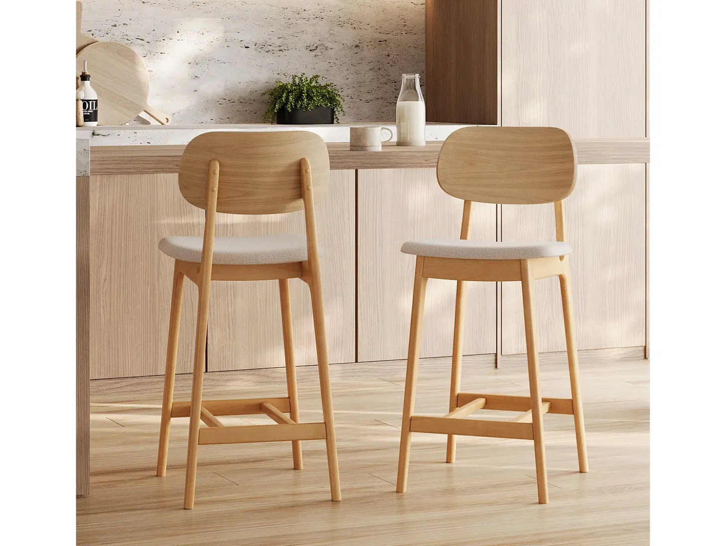 Set de 2 sillas para isla central en madera y tela beige 66 cm - Charlize