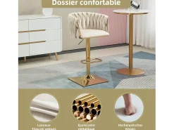 Set de 2 Taburetes de Bar Trenzados - Patas de Metal Dorado - Reposapiés - Altura Ajustable - Giro 360° - Ideal para Cocina, Salón o Bar
