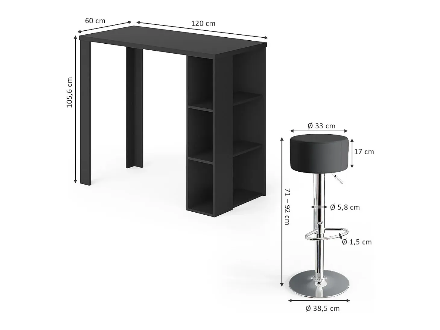 Set de mesa de bar negro 120x60x105.6 noel