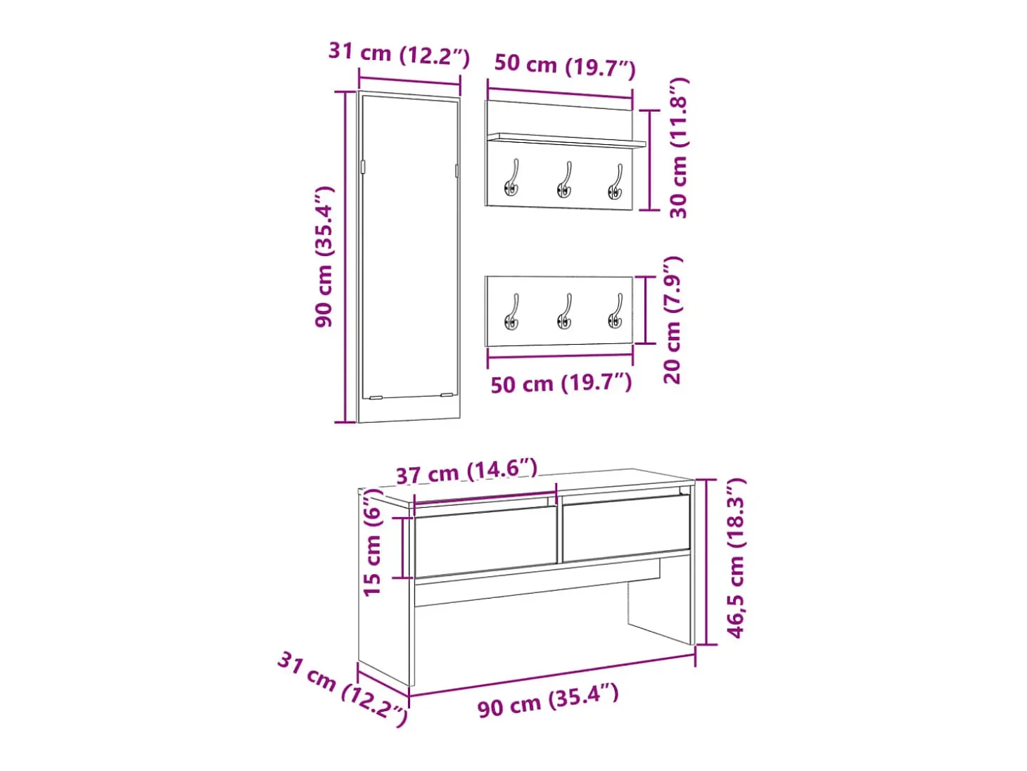 Set de muebles de recibidor 4 piezas madera de ingeniería negro