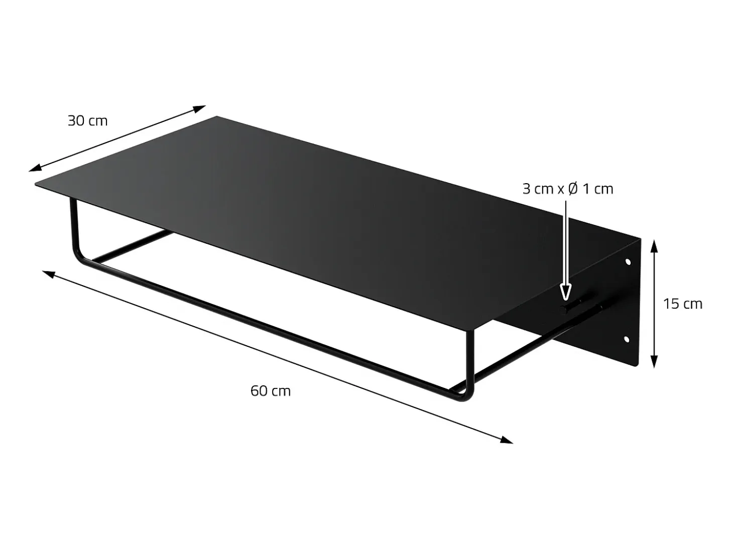 Set 2x Perchero de pared con barra de colgar y estante negro metal 60x30x15 cm