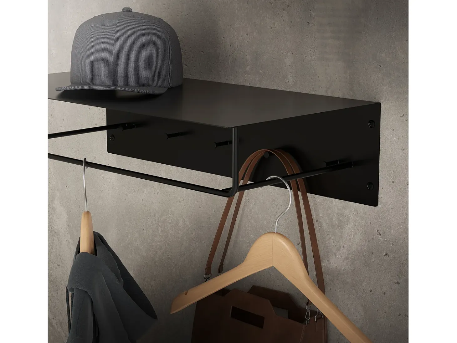 Set 2x Perchero de pared con barra de colgar y estante negro metal 60x30x15 cm